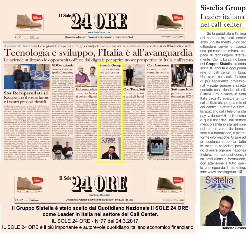 Articolo de Il Sole 24 Ore: il Gruppo Sistelia leader in Italia nel settore dei call center
